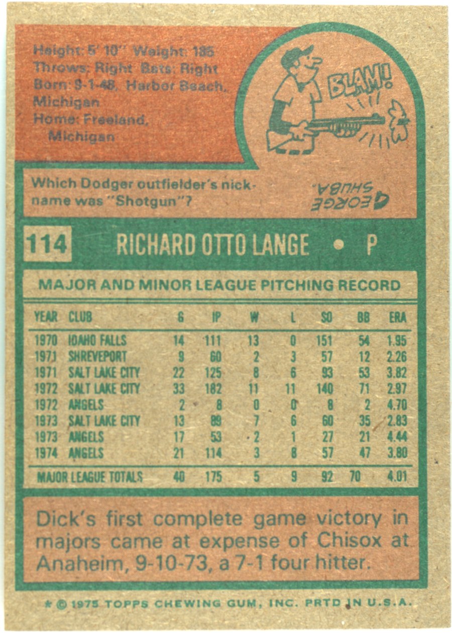 1975 Topps #114 Dick Lange card back