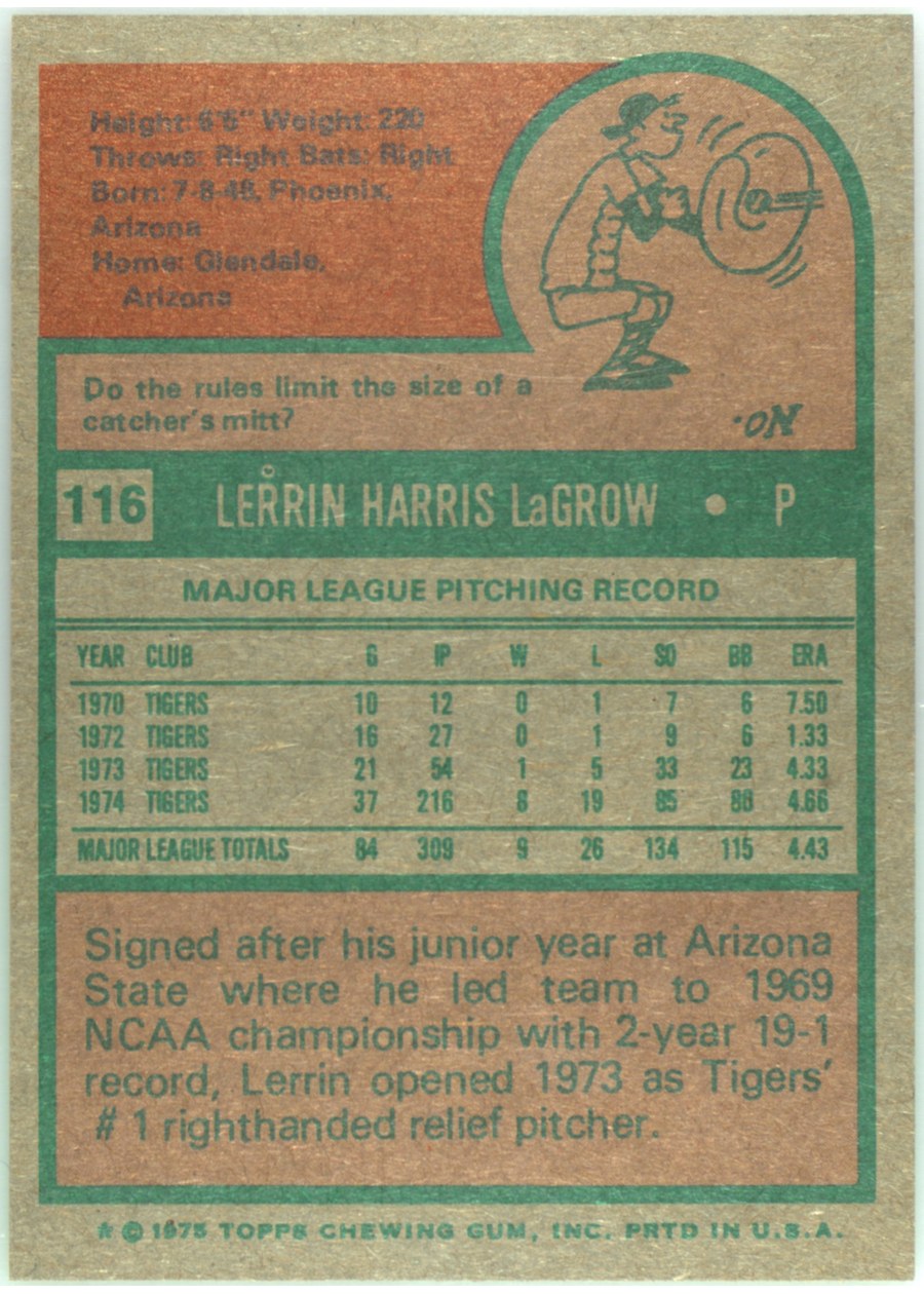1975 Topps #116 Lerrin LaGrow card back