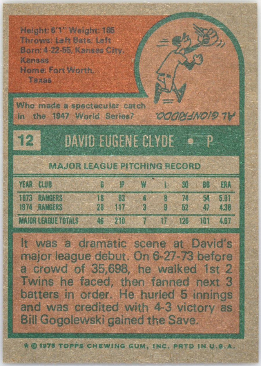 1975 Topps #12 David Clyde card back