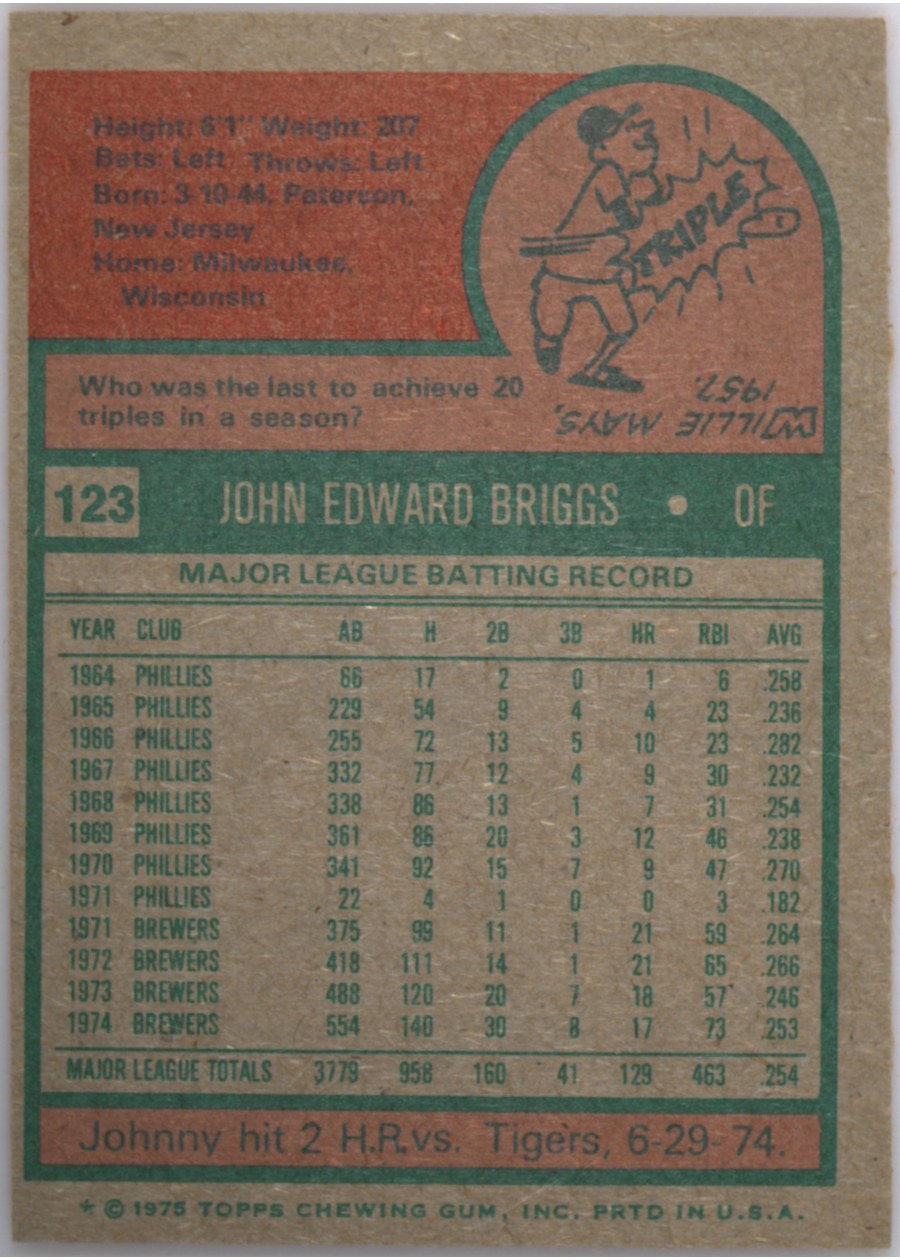 1975 Topps #123 Johnny Briggs card back