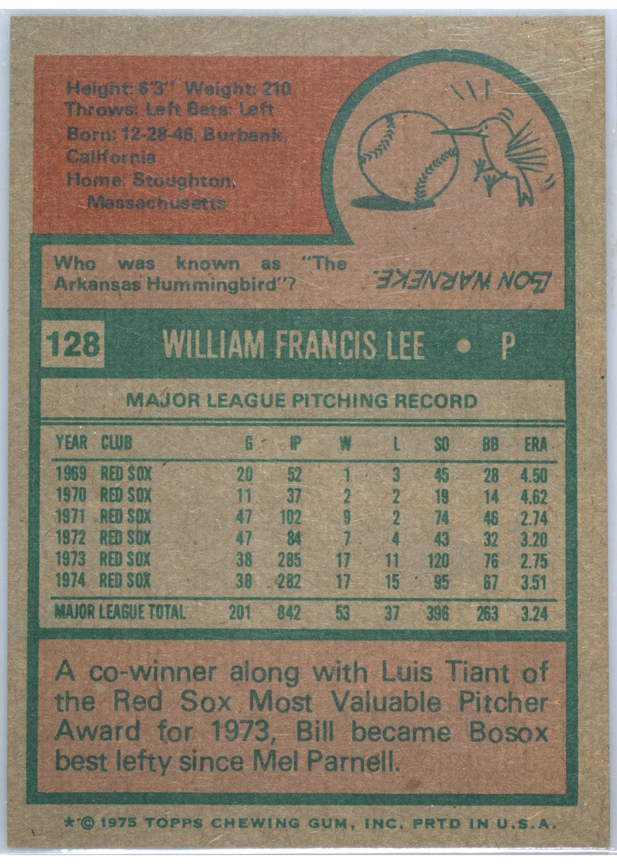 1975 Topps #128 Bill Lee card back