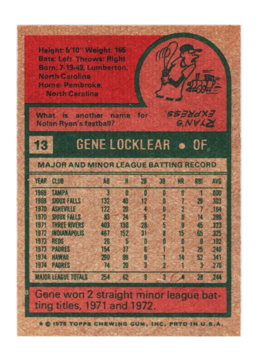 1975 Topps #13 Gene Locklear card back