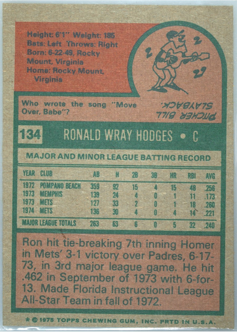 1975 Topps #134 Ron Hodges card back