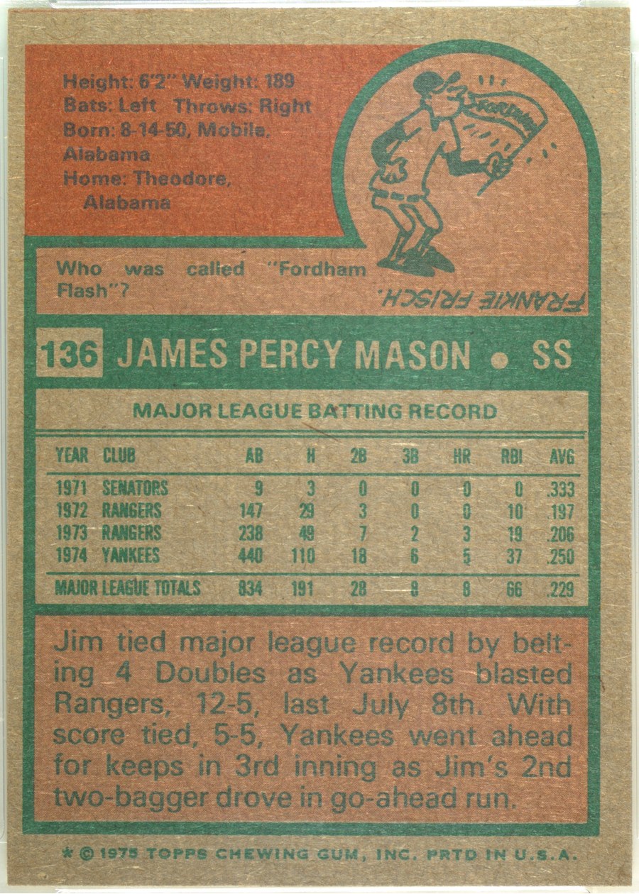 1975 Topps #136 Jim Mason card back