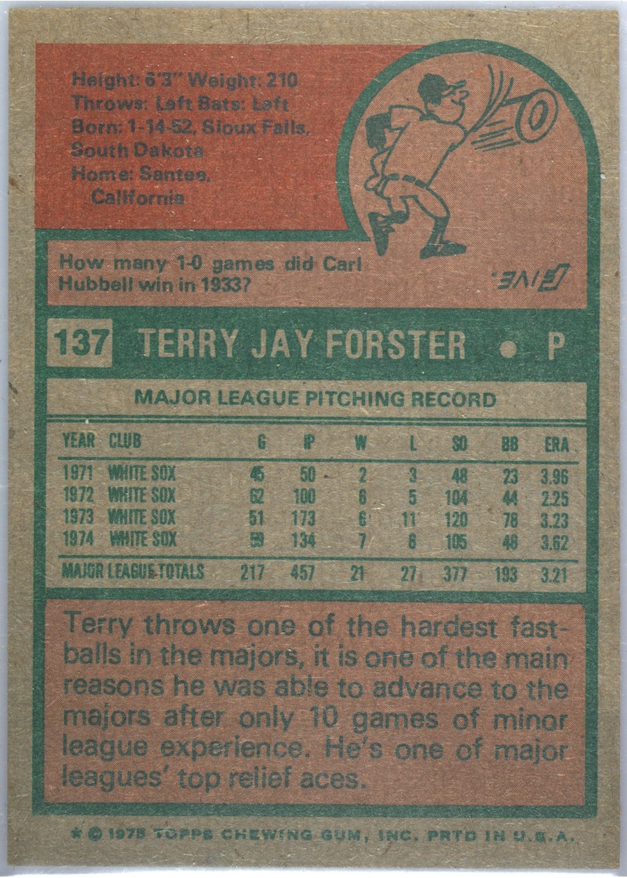 1975 Topps #137 Terry Forster card back
