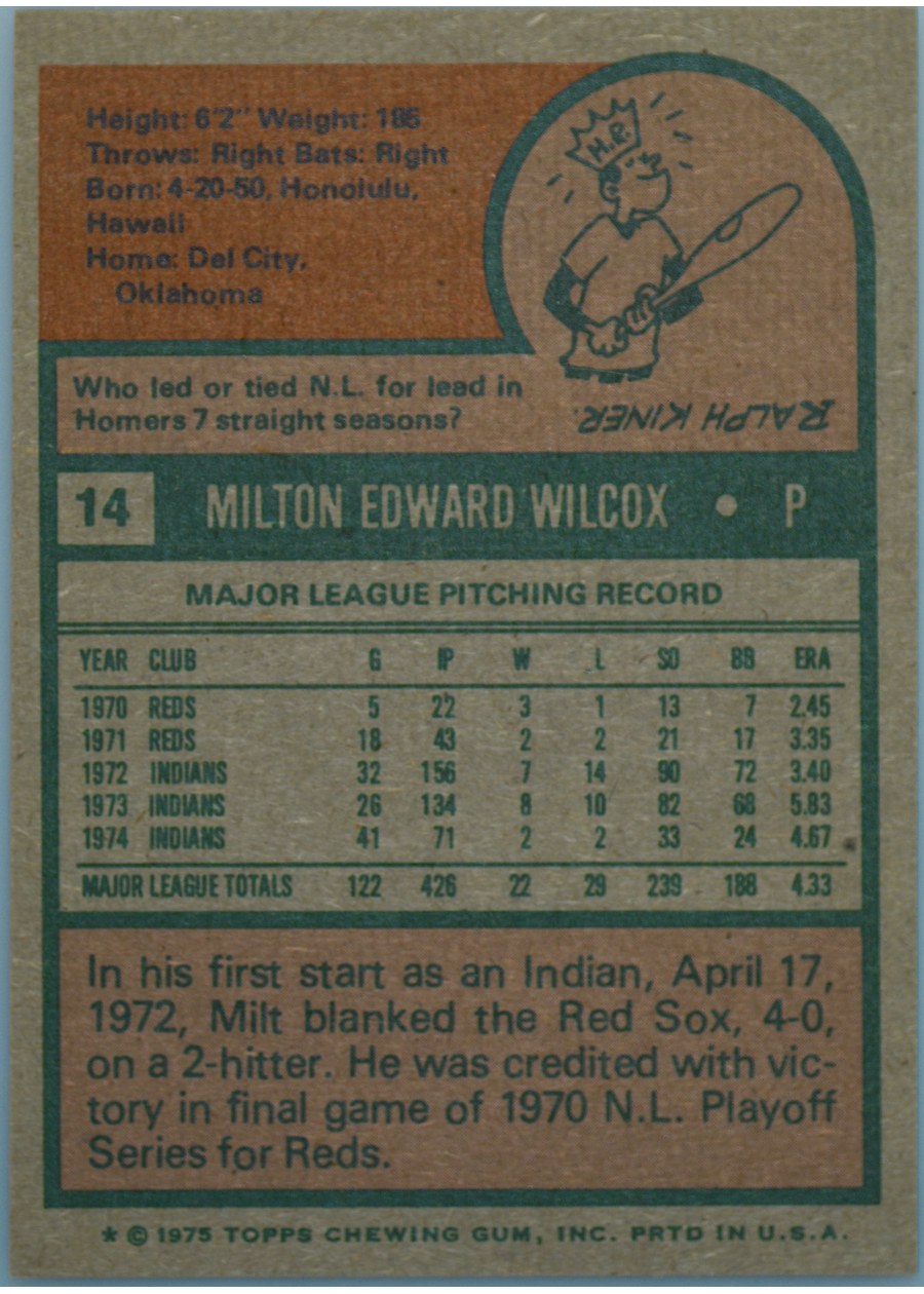 1975 Topps #14 Milt Wilcox card back