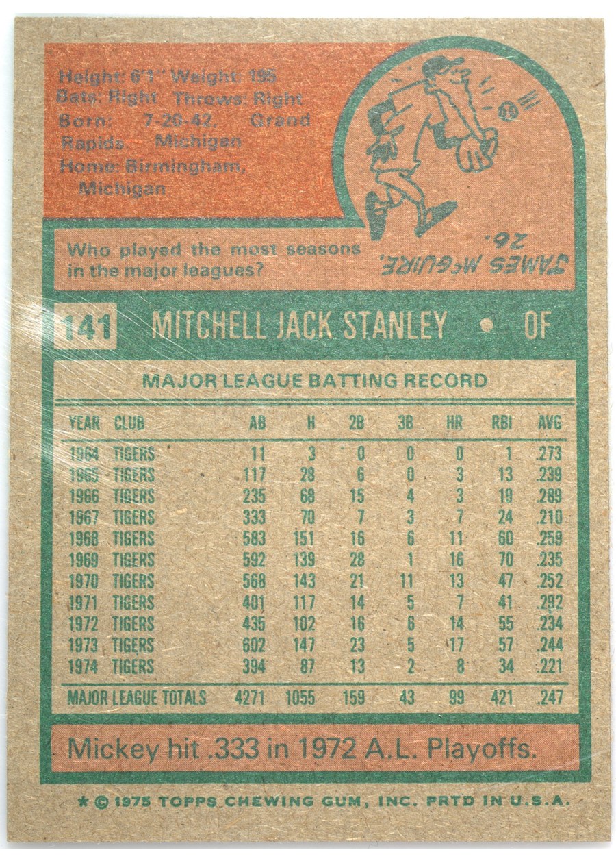 1975 Topps #141 Mickey Stanley card back