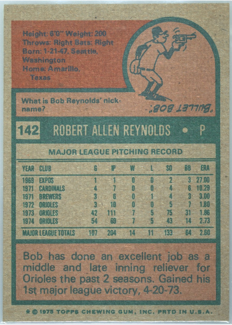 1975 Topps #142 Bob Reynolds card back