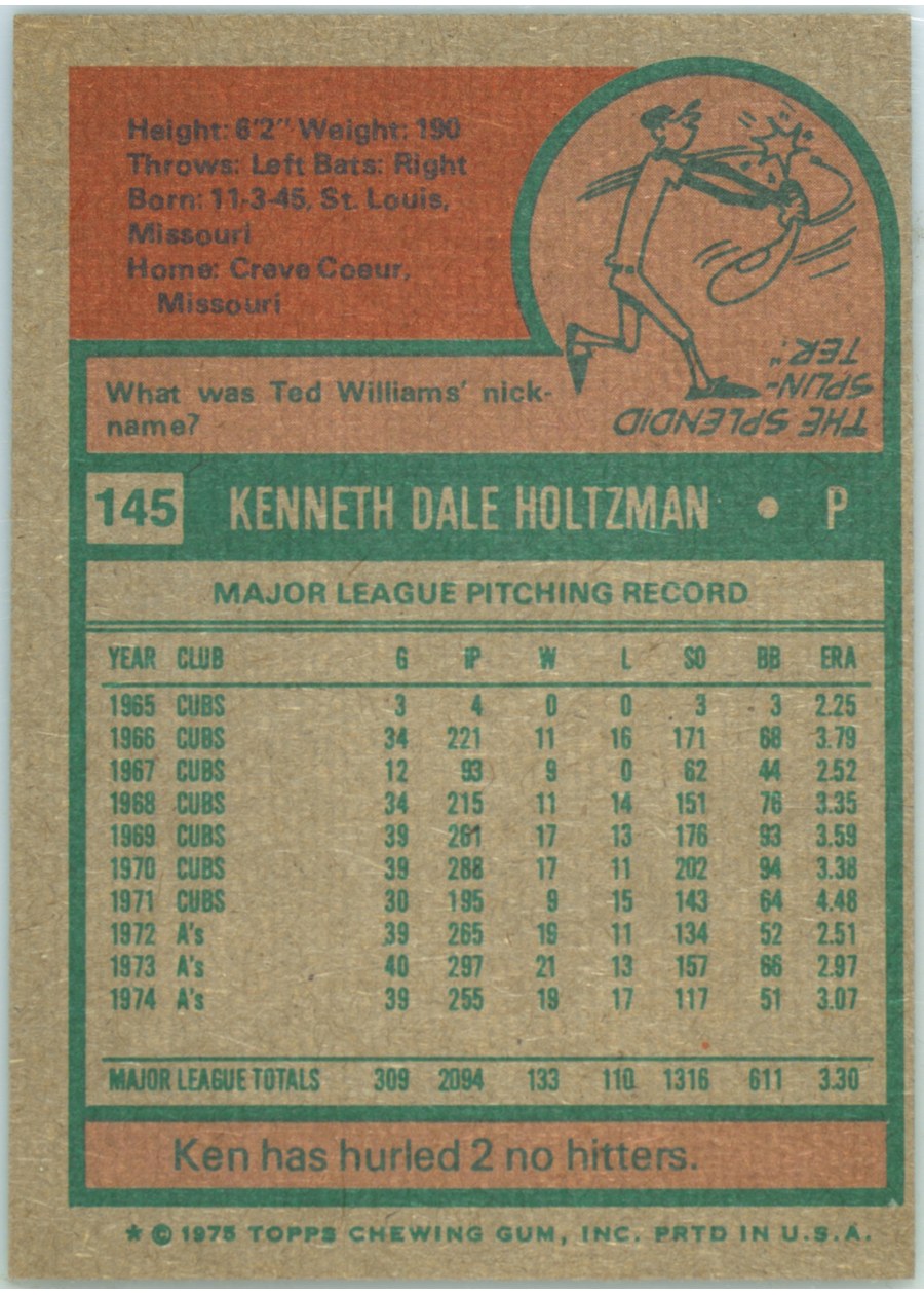 1975 Topps #145 Ken Holtzman card back