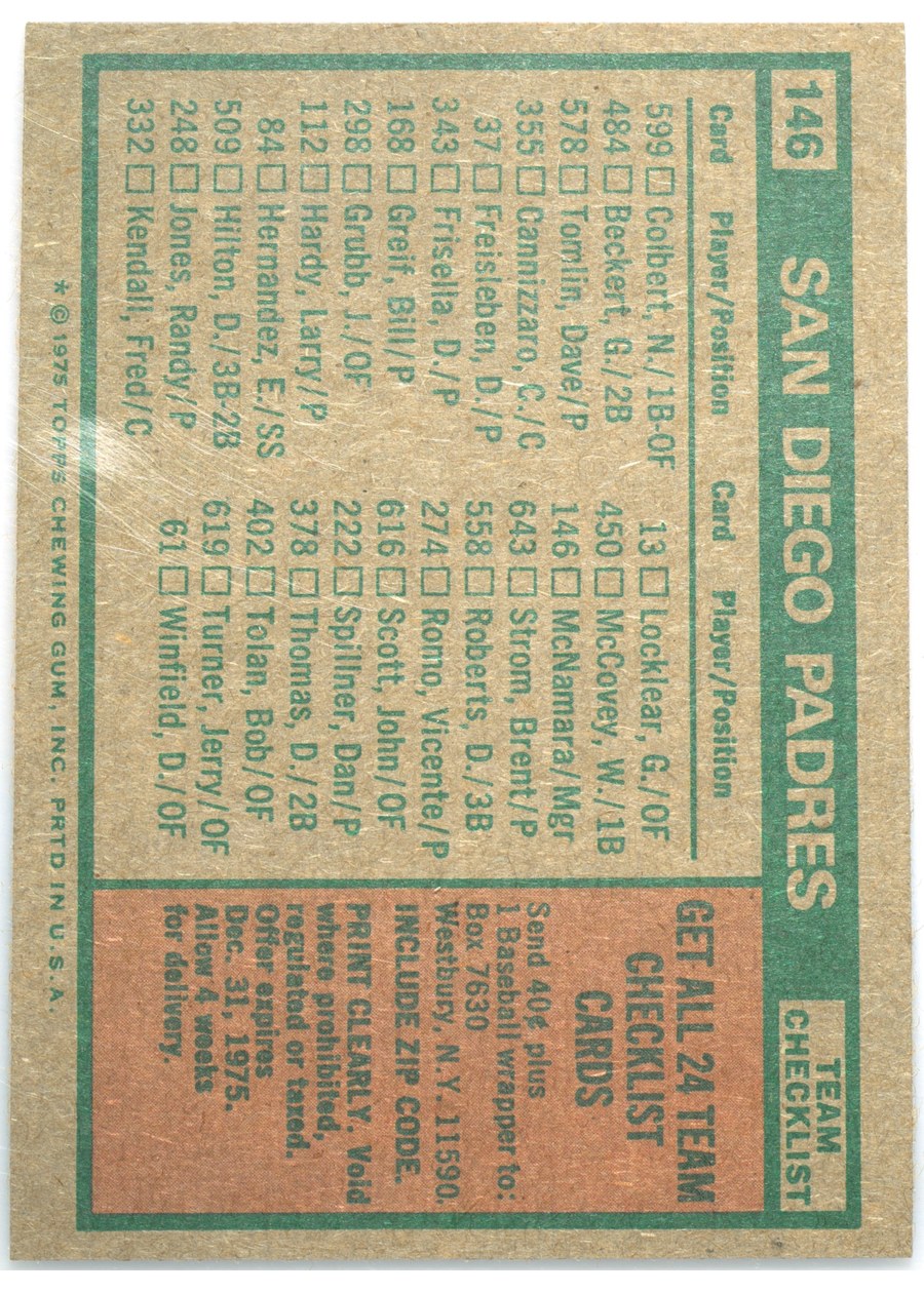 1975 Topps #146 San Diego Padres card back