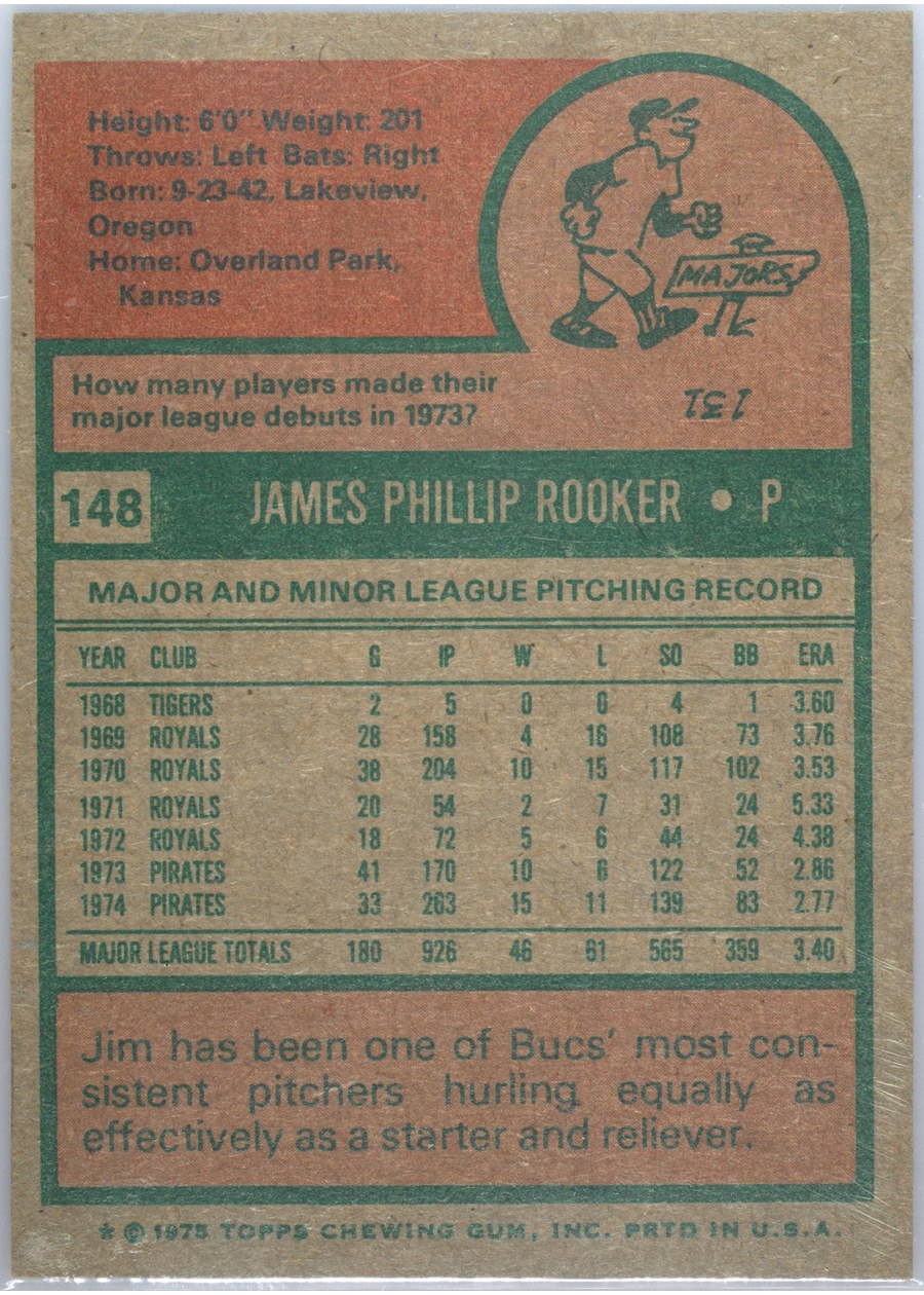 1975 Topps #148 Jim Rooker card back