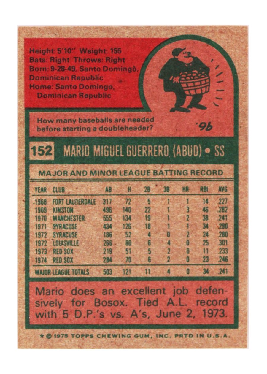 1975 Topps #152 Mario Guerrero card back
