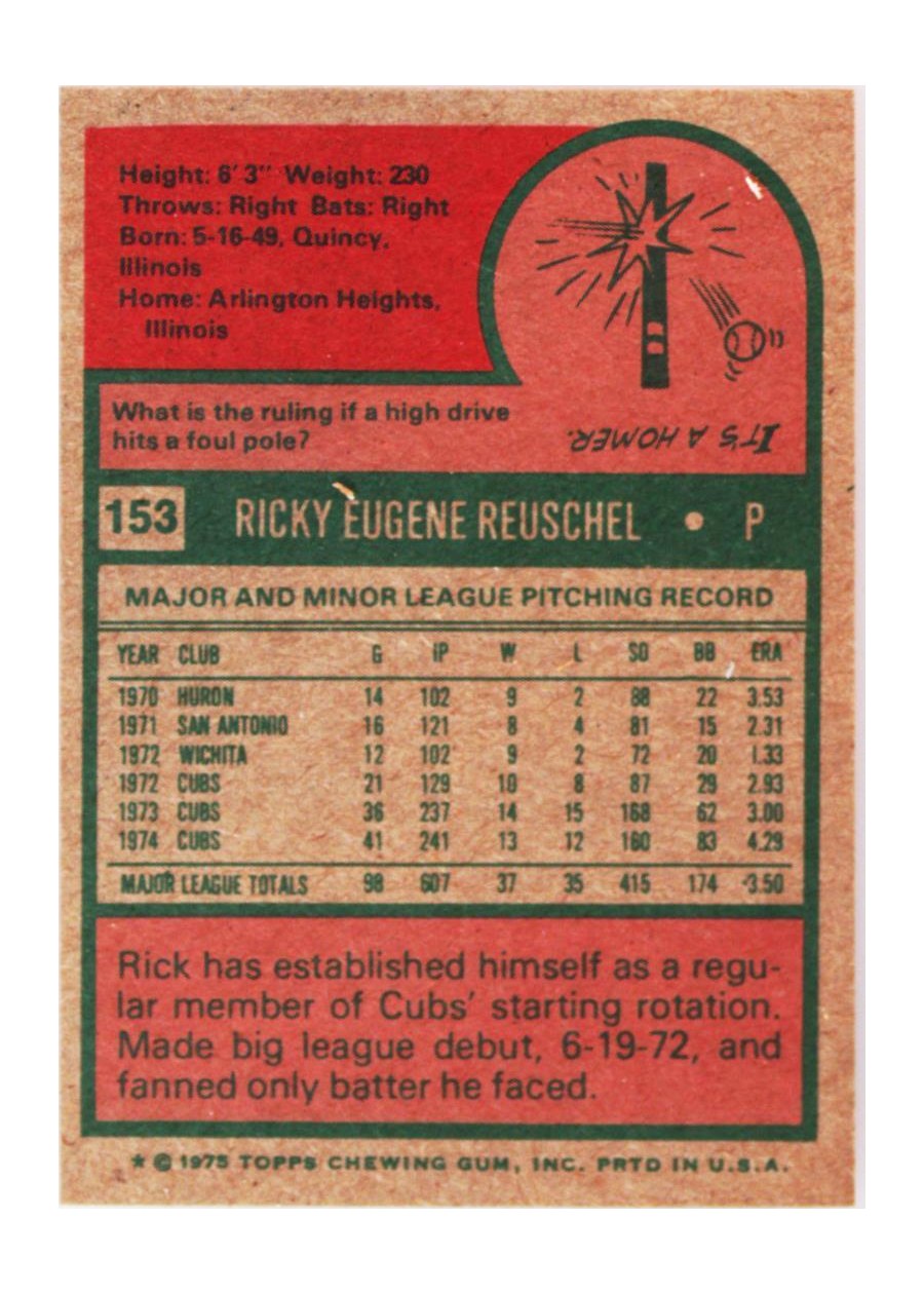 1975 Topps #153 Rick Reuschel card back