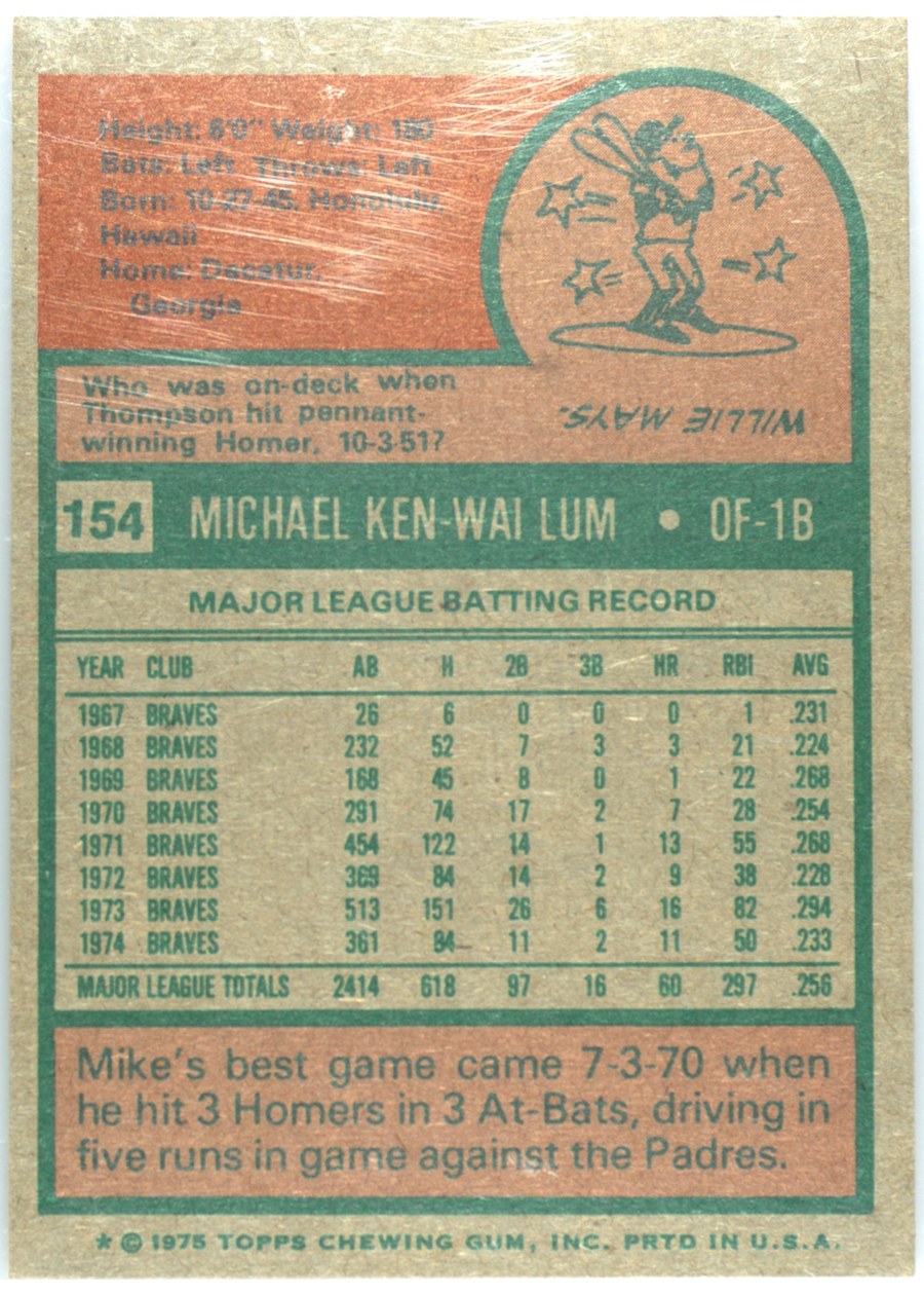 1975 Topps #154 Mike Lum card back