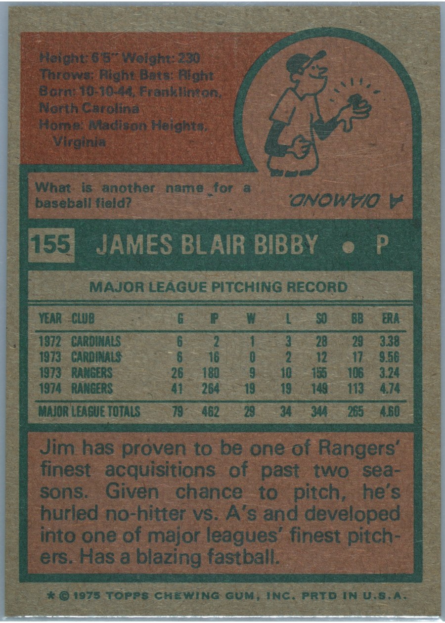 1975 Topps #155 Jim Bibby card back