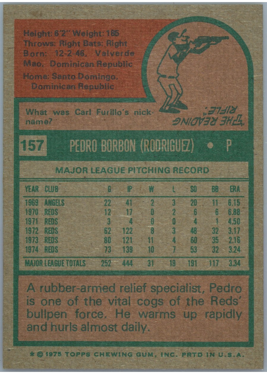 1975 Topps #157 Pedro Borbon card back