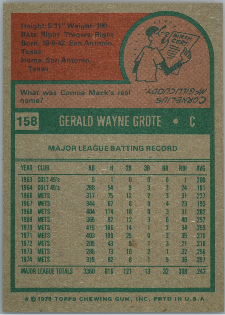 1975 Topps #158 Jerry Grote card back