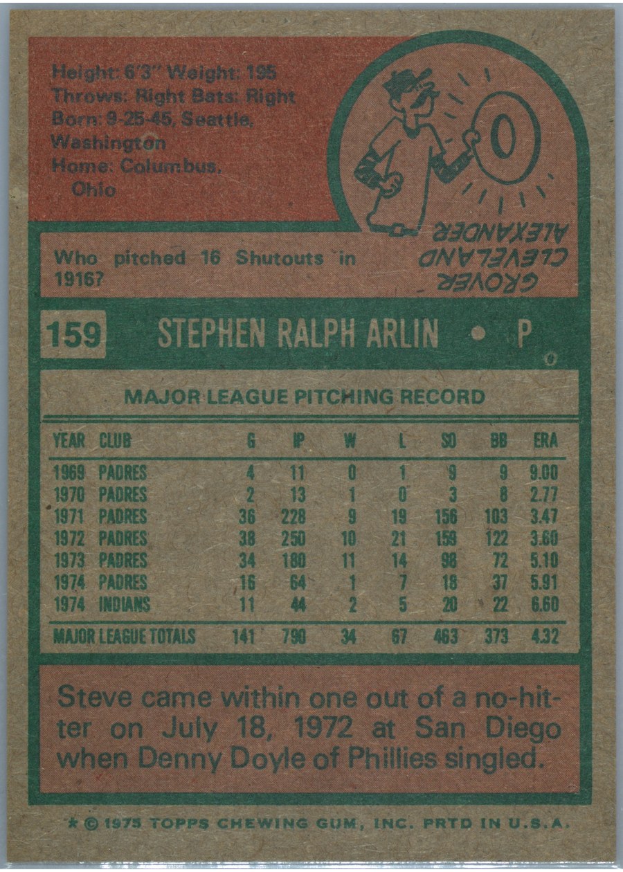 1975 Topps #159 Steve Arlin card back