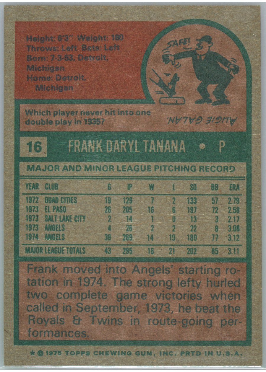 1975 Topps #16 Frank Tanana card back