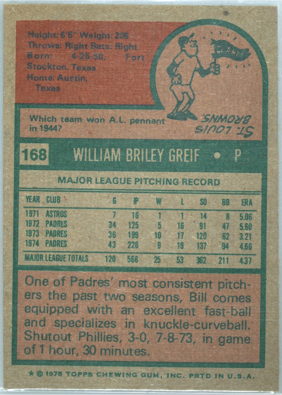 1975 Topps #168 Bill Greif card back