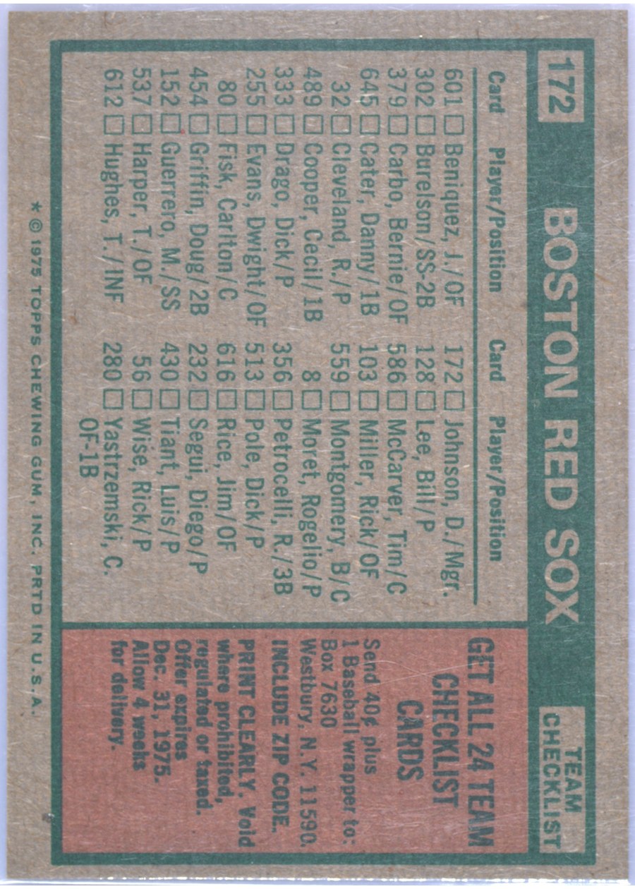 1975 Topps #172 Boston Red Sox card back