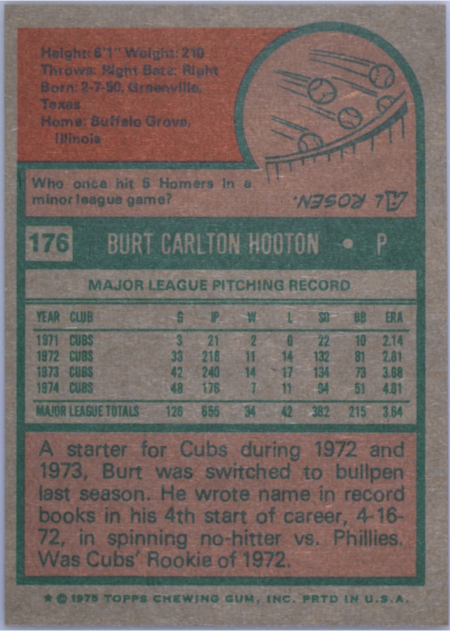 1975 Topps #176 Burt Hooton card back