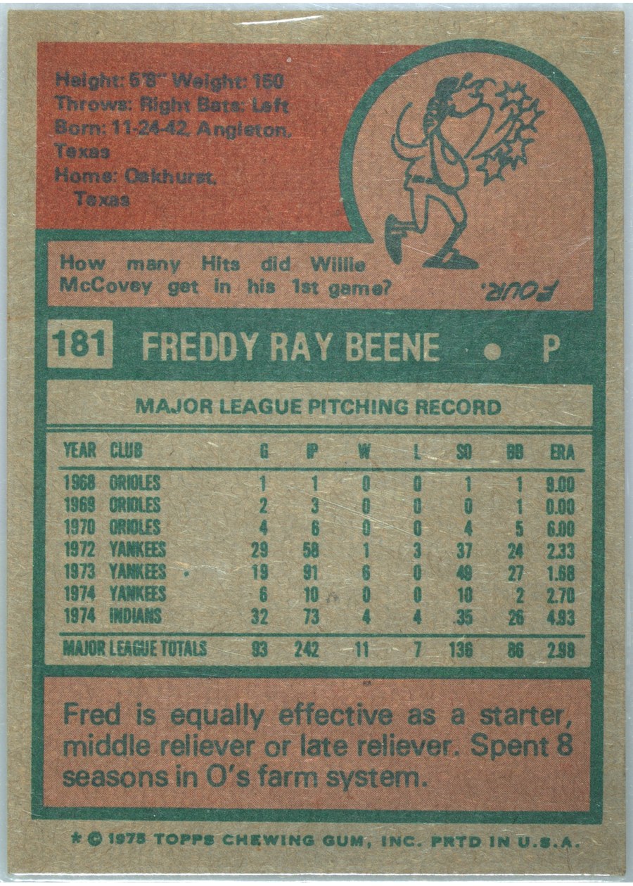 1975 Topps #181 Fred Beene card back