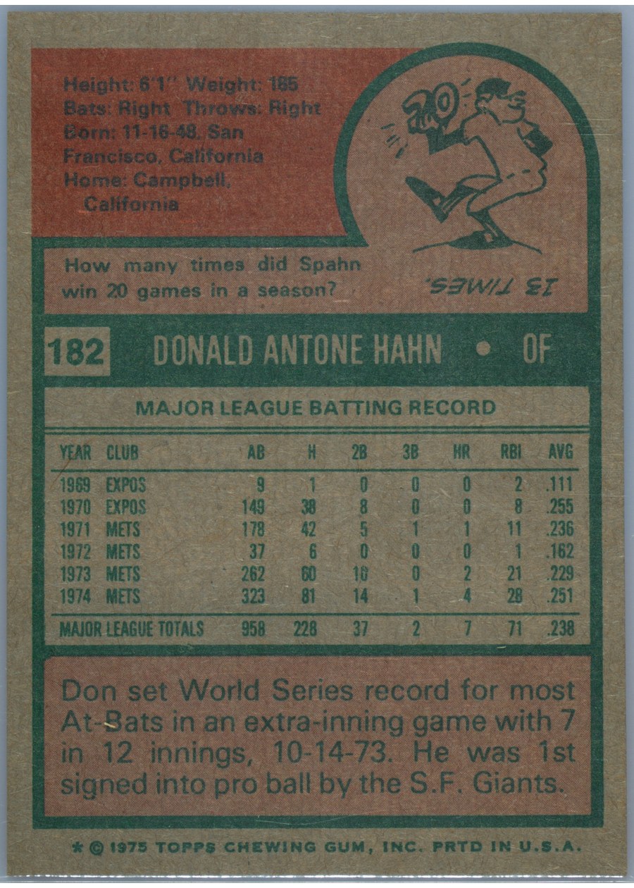 1975 Topps #182 Don Hahn card back