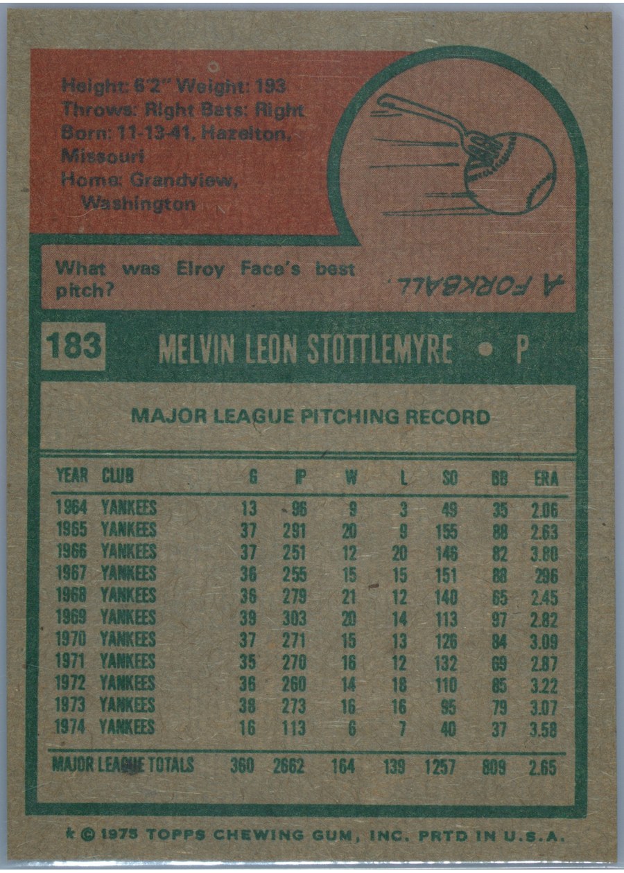 1975 Topps #183 Mel Stottlemyre card back