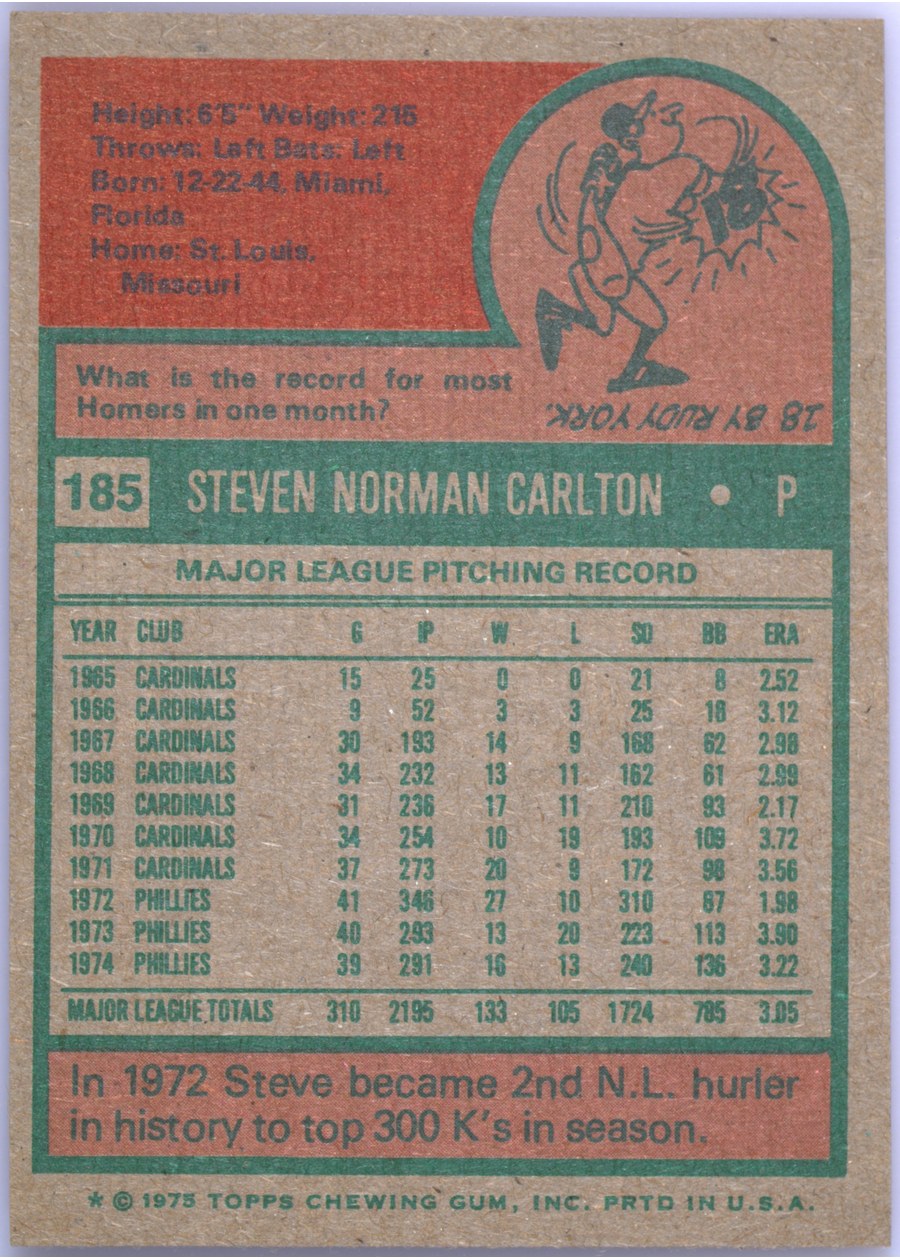 1975 Topps #185 Steve Carlton card back