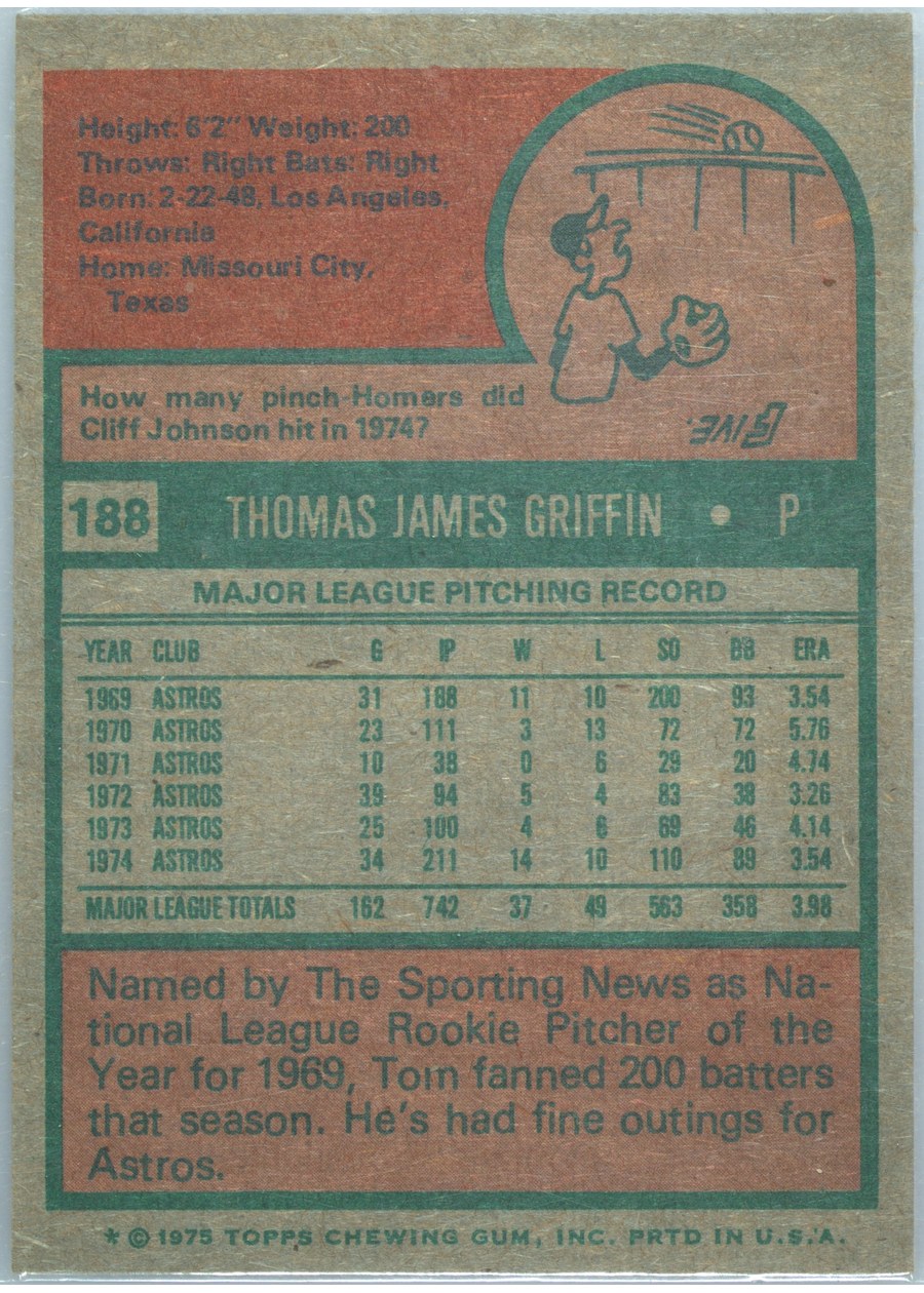 1975 Topps #188 Tom Griffin card back