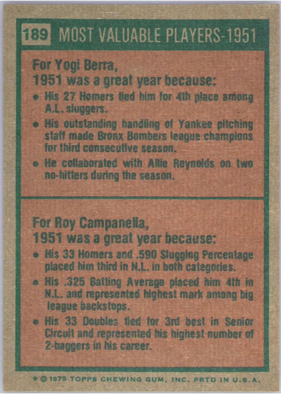 1975 Topps #189 1951 MVPs card back