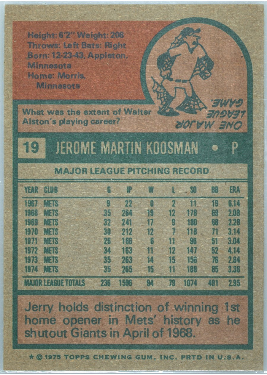 1975 Topps #19 Jerry Koosman card back