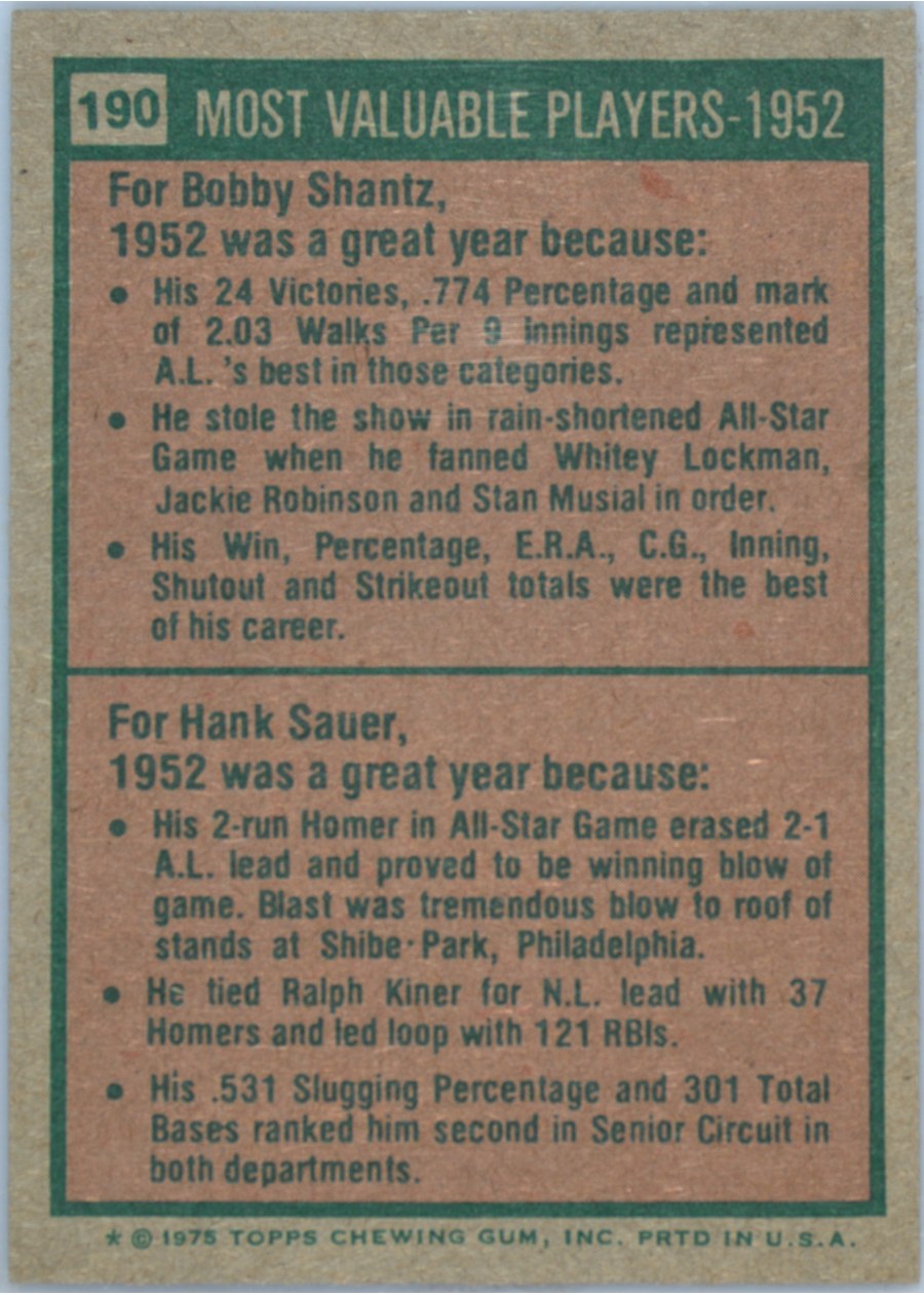 1975 Topps #190 1952 MVPs card back