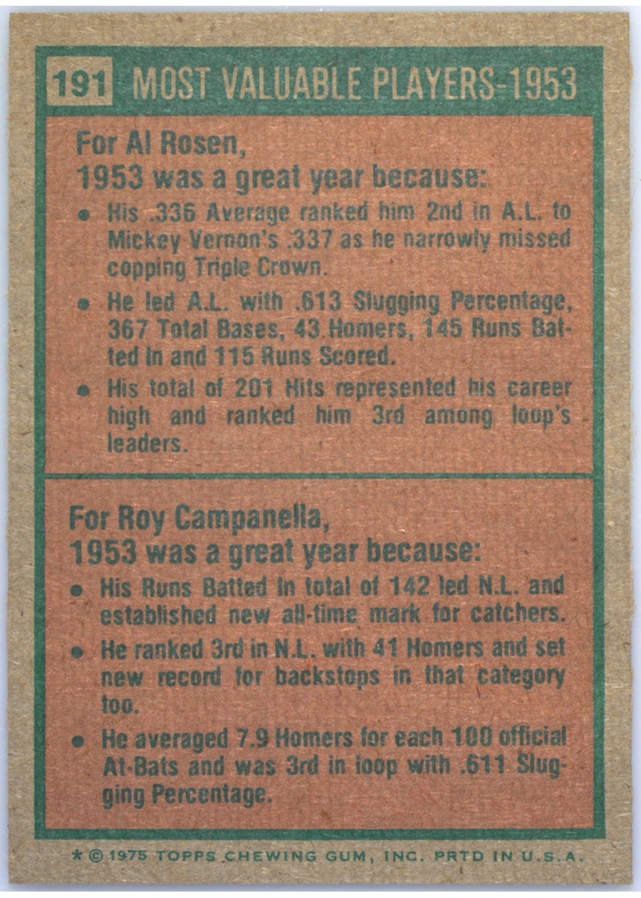 1975 Topps #191 1953 MVPs card back