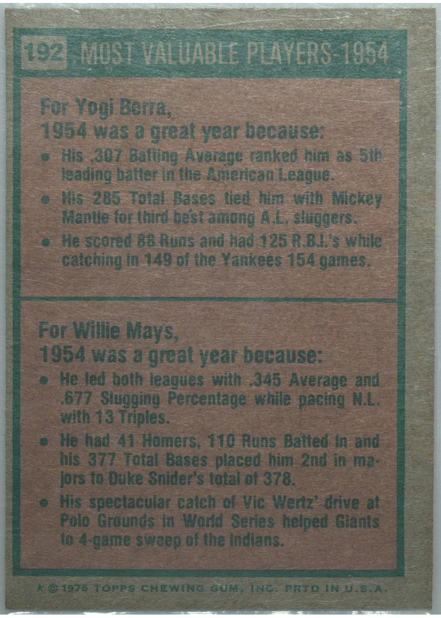 1975 Topps #192 1954 MVPs card back