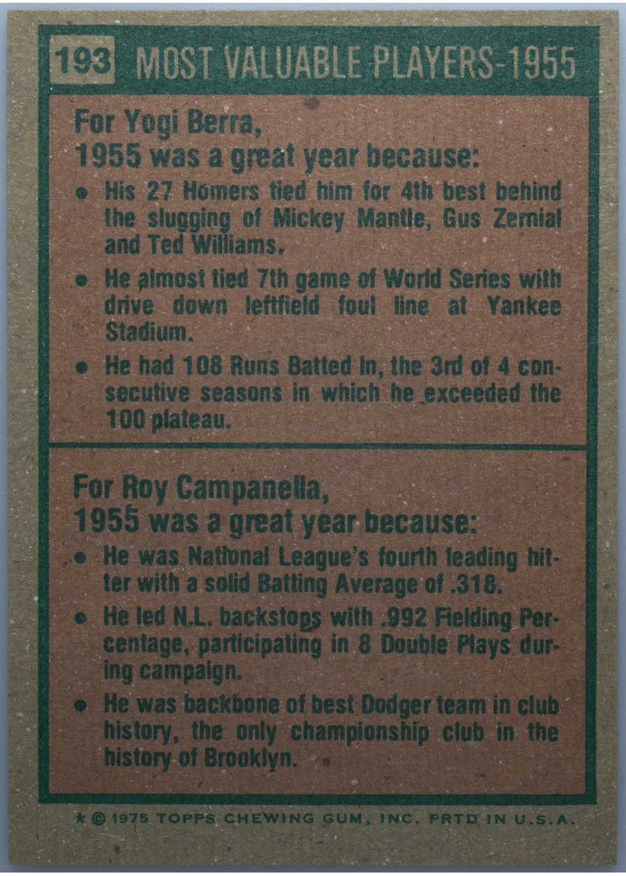 1975 Topps #193 1955 MVPs card back
