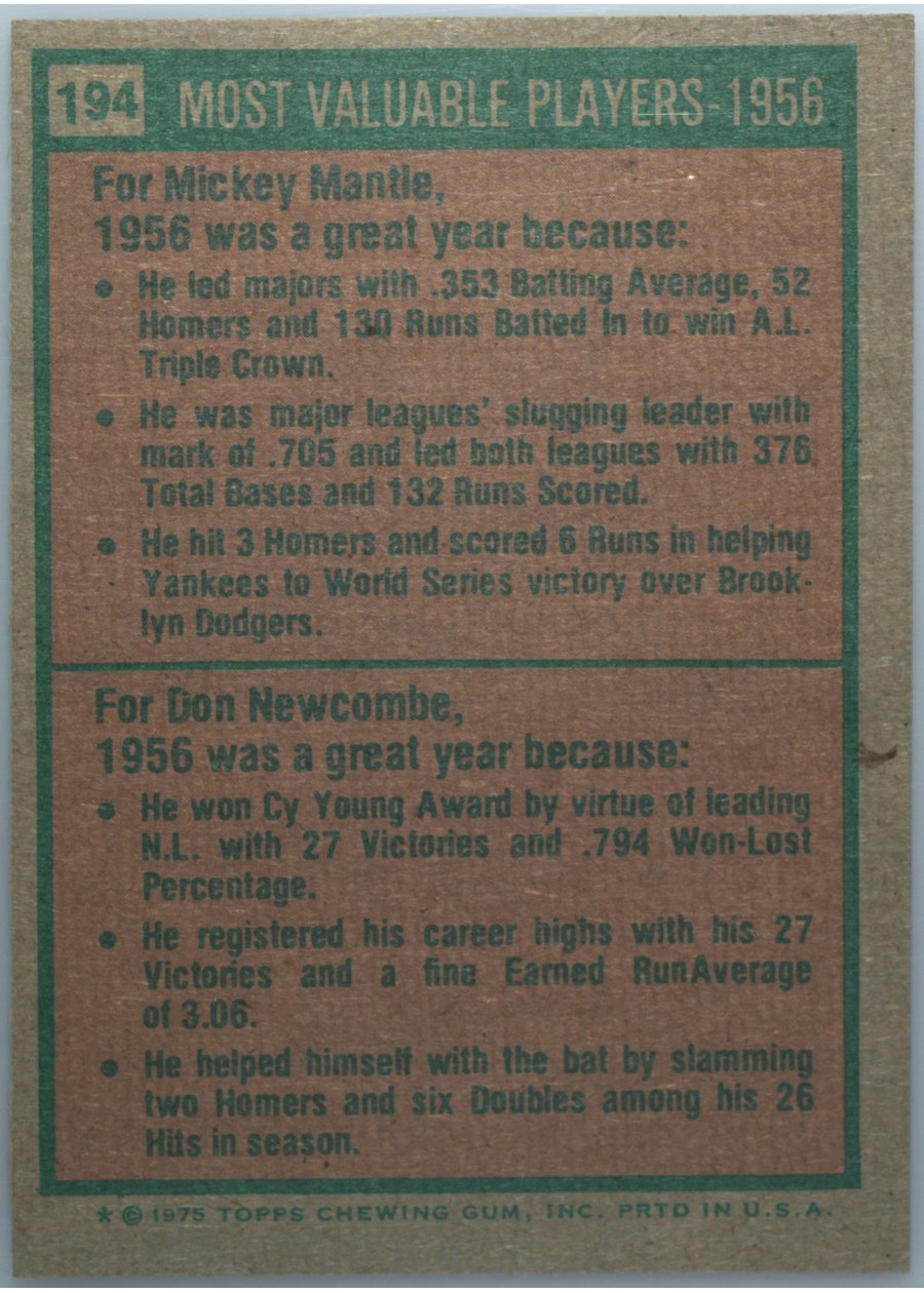 1975 Topps #194 1956 MVPs card back