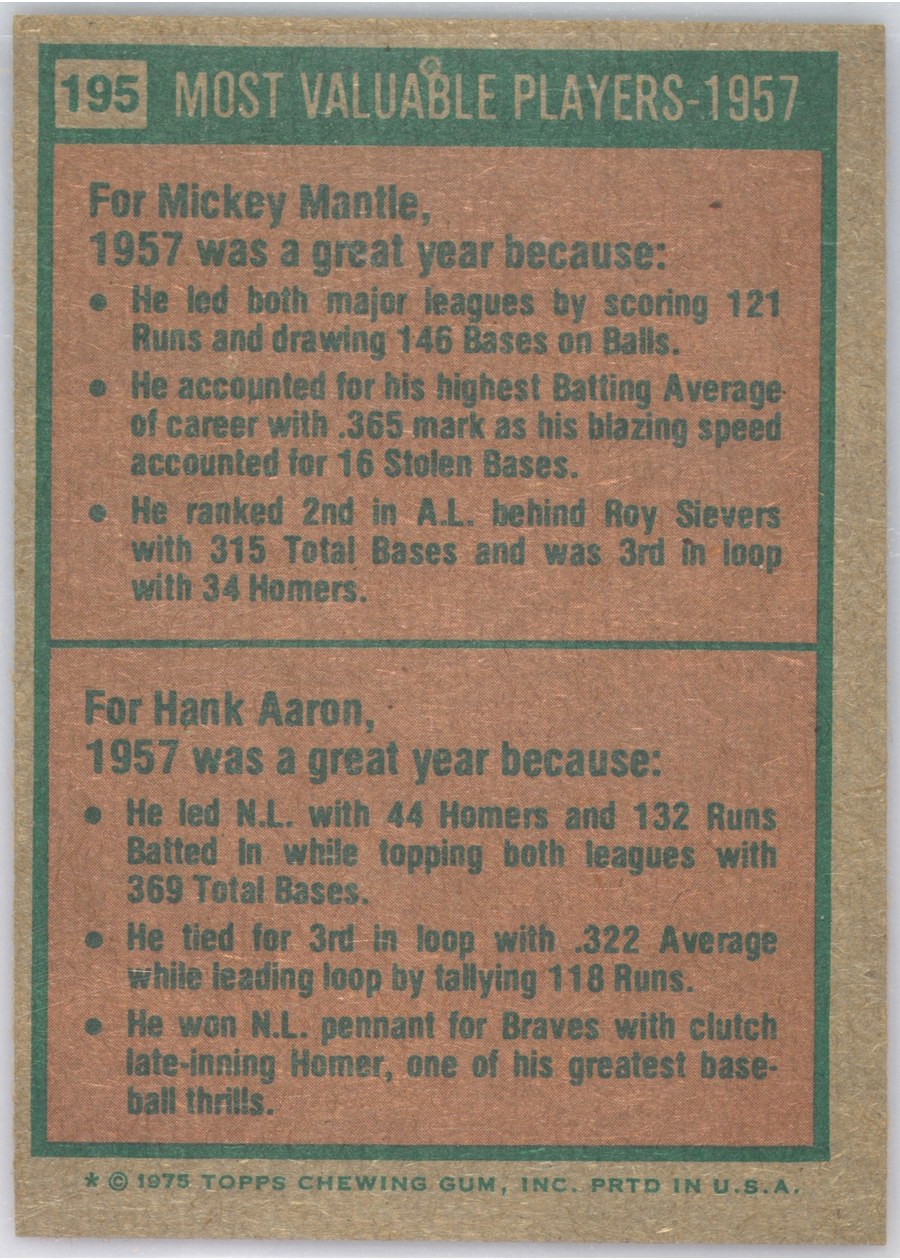 1975 Topps #195 1957 MVPs card back