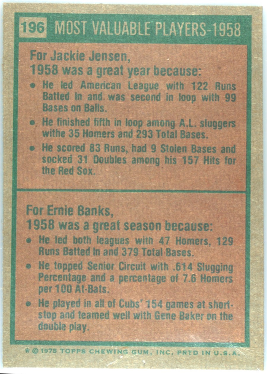 1975 Topps #196 1958 MVPs card back