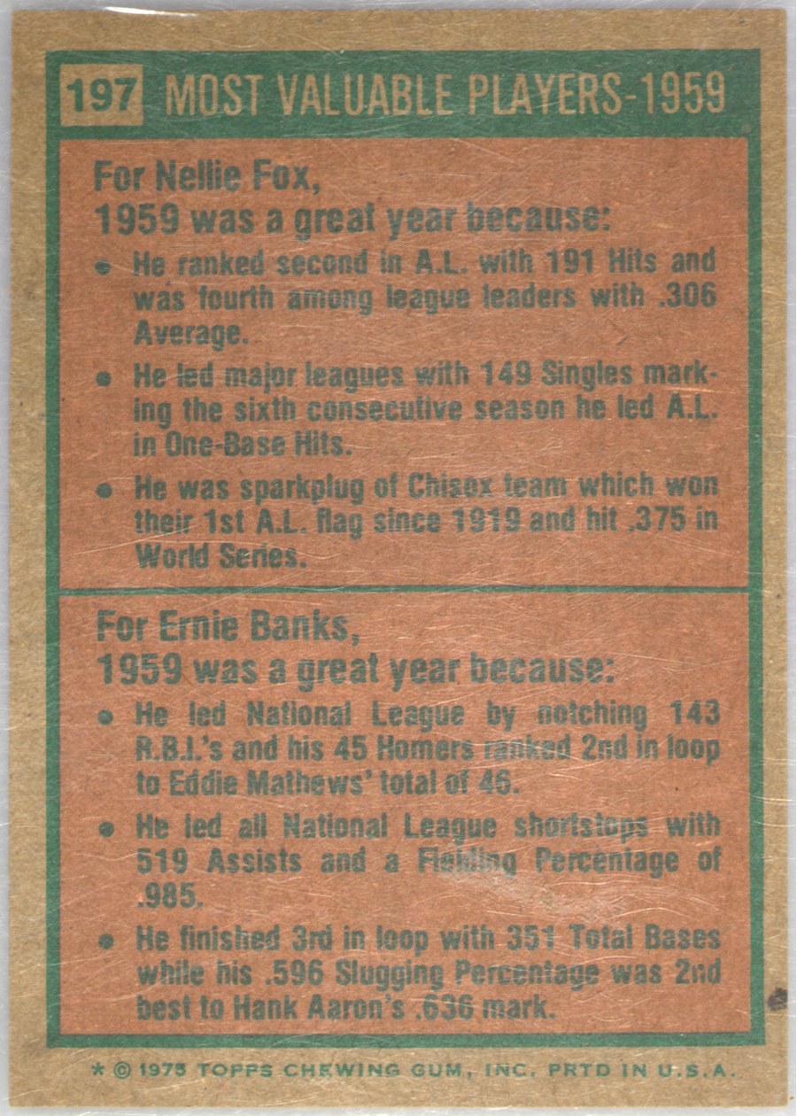 1975 Topps #197 1959 MVPs card back