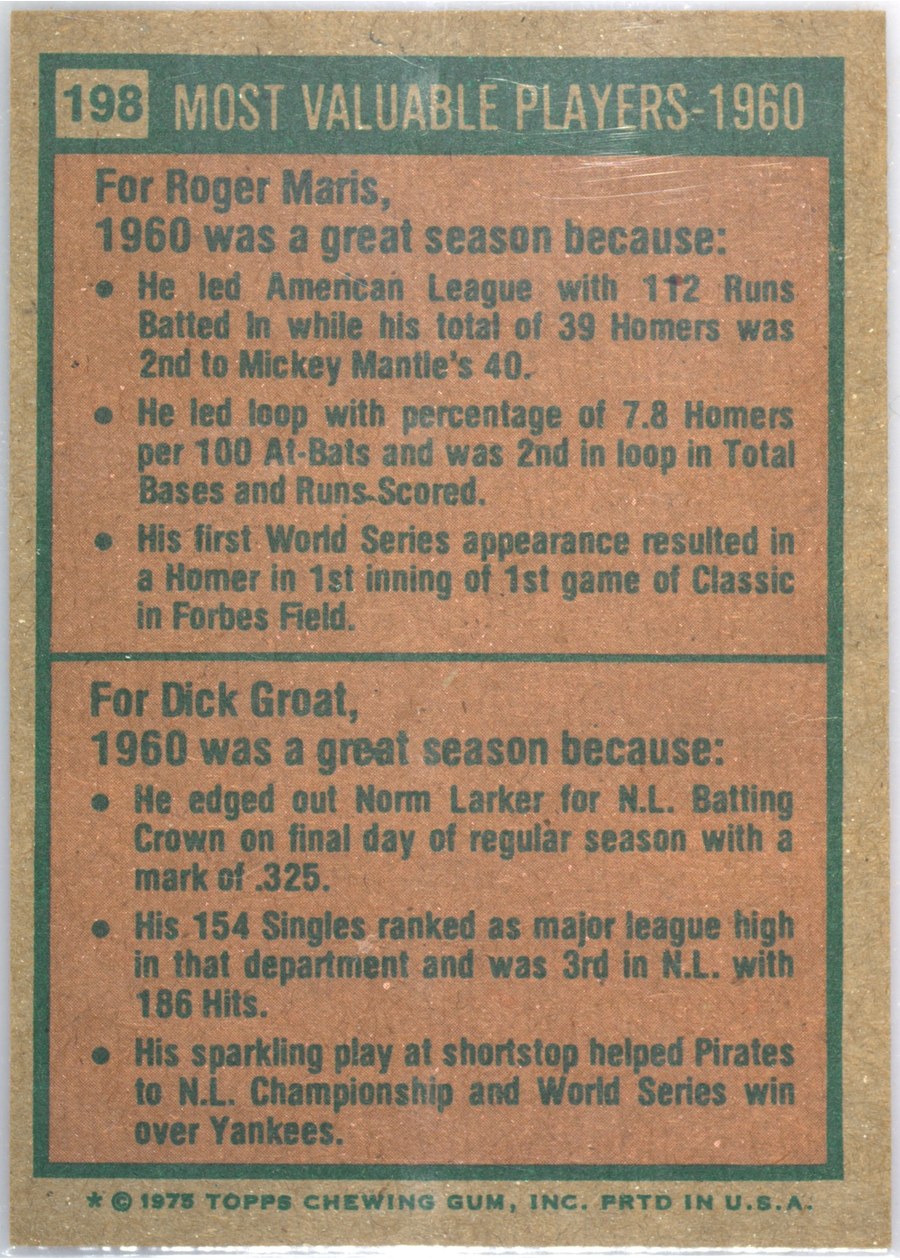 1975 Topps #198 1960 MVPs card back
