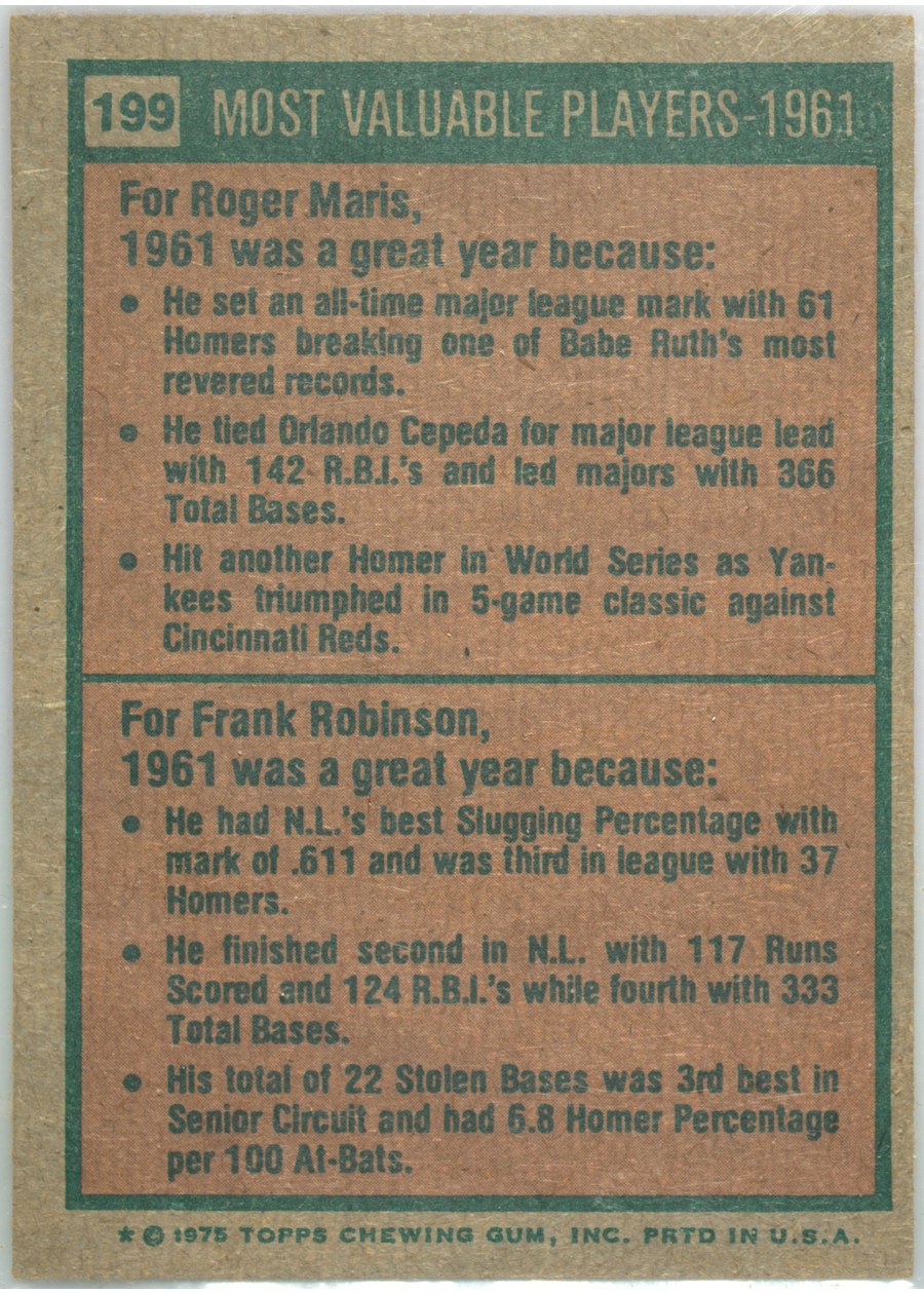 1975 Topps #199 1961 MVPs card back
