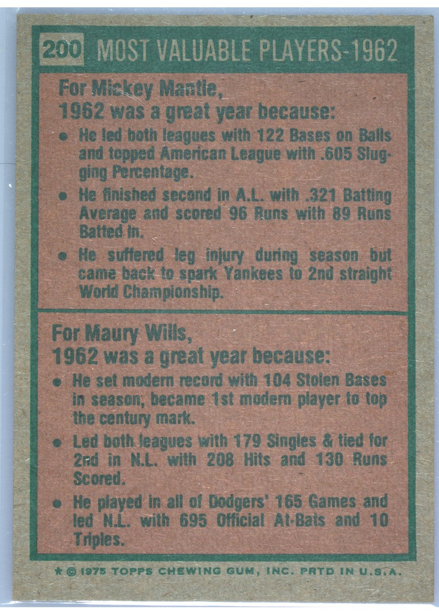 1975 Topps #200 1962 MVPs card back