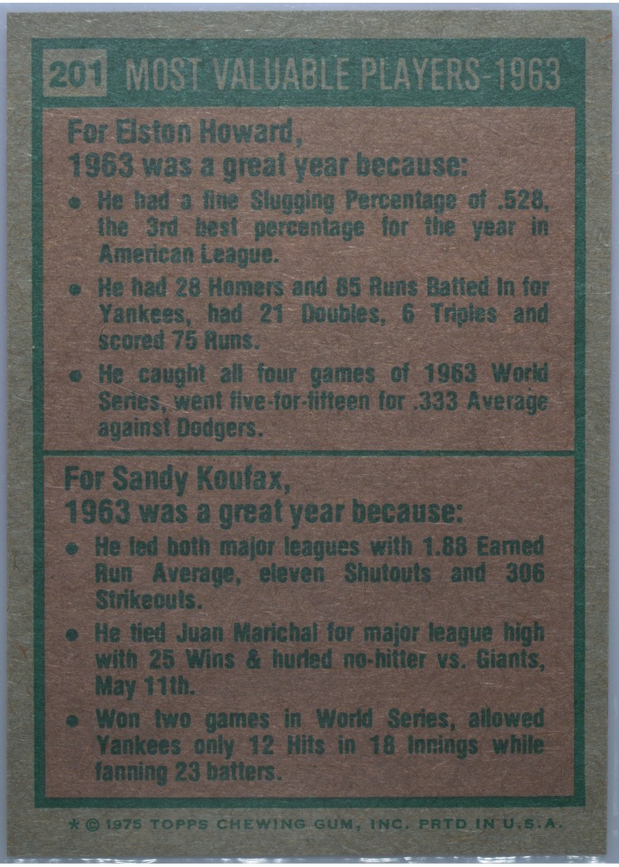 1975 Topps #201 1963 MVPs card back
