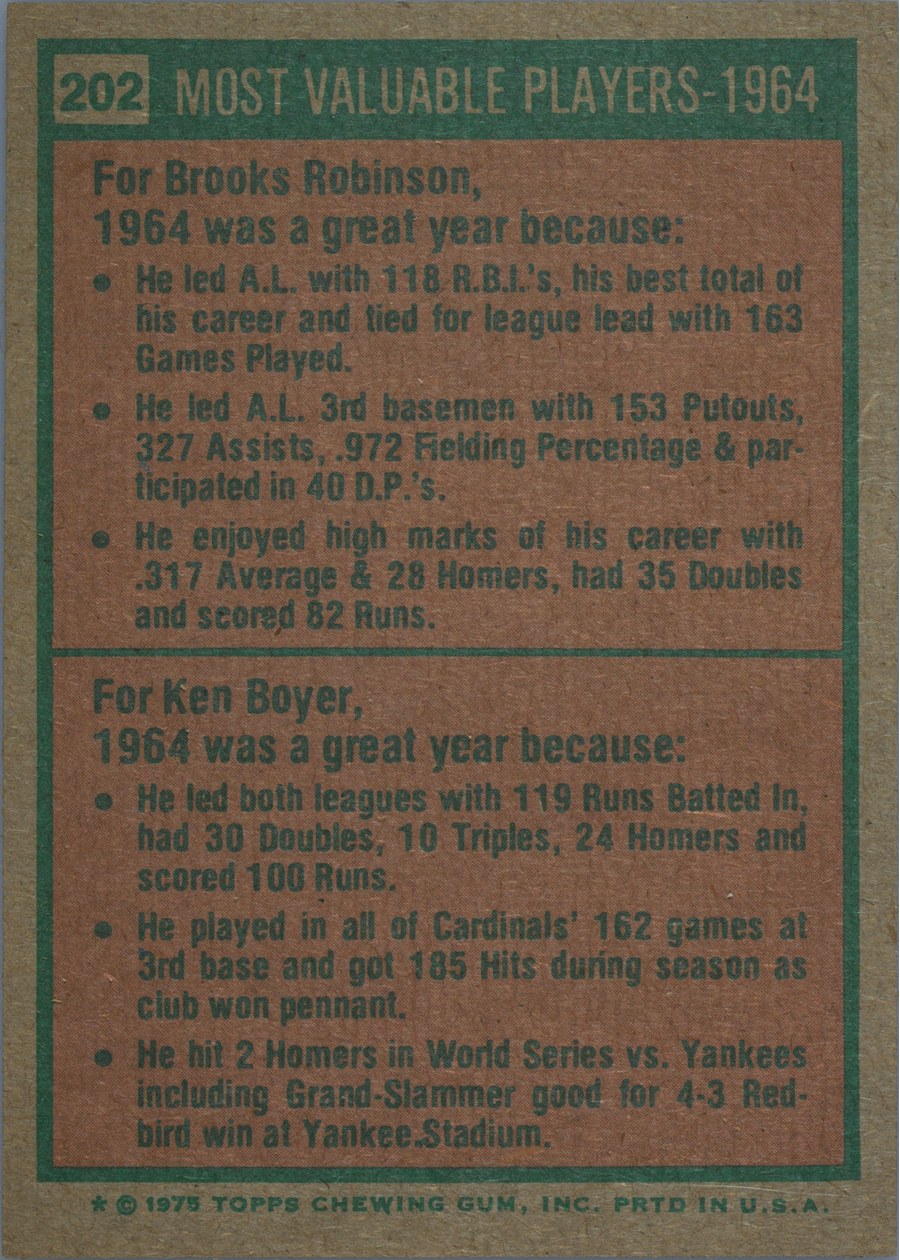 1975 Topps #202 1964 MVPs card back