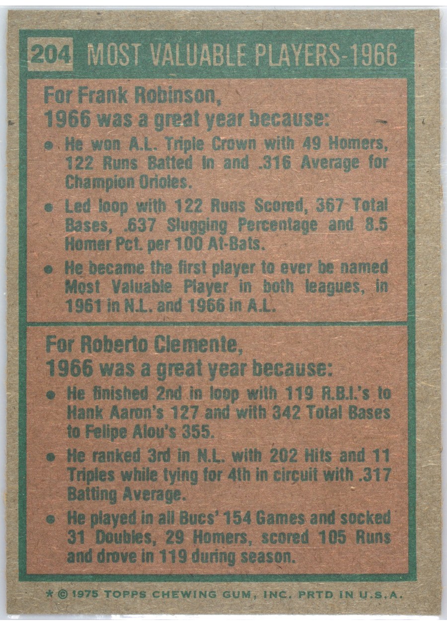 1975 Topps #204 1966 MVPs card back