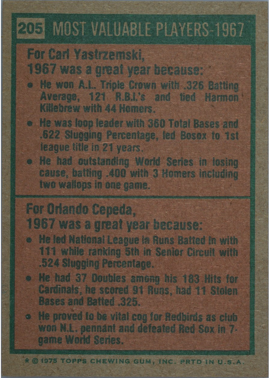 1975 Topps #205 1967 MVPs card back