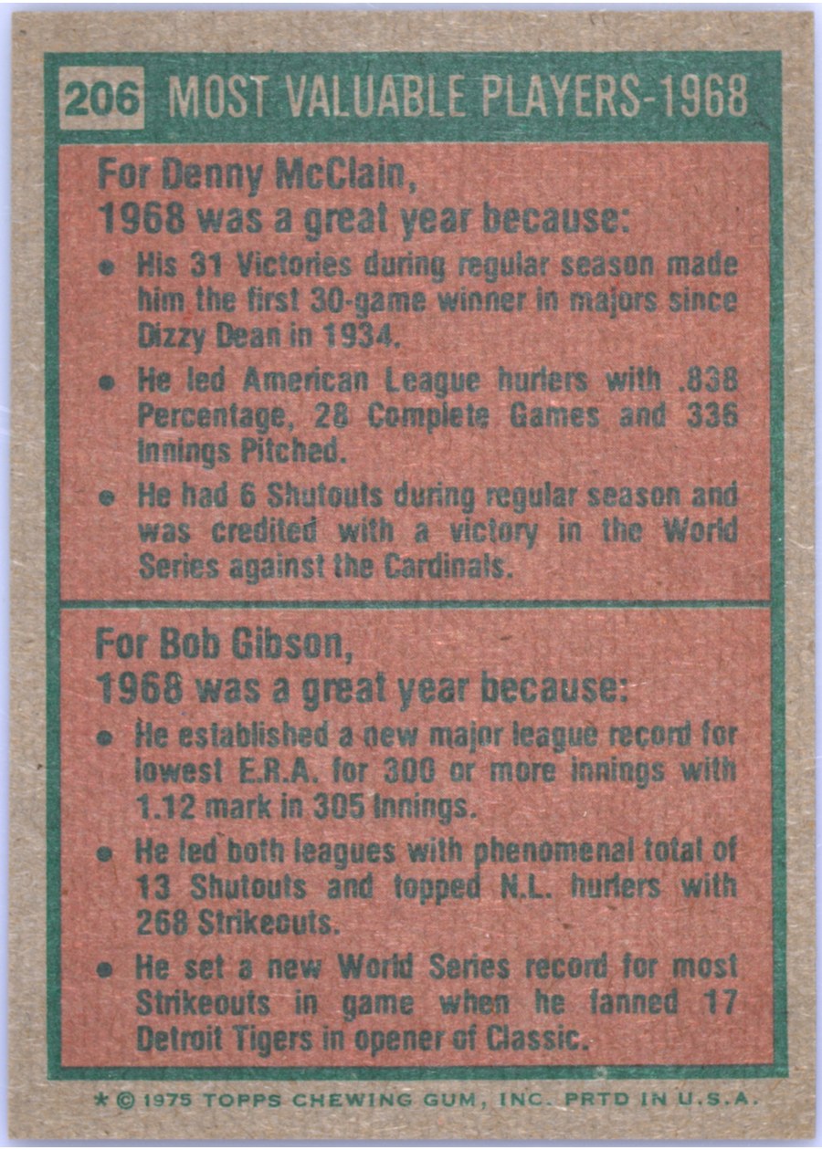 1975 Topps #206 1968 MVPs card back