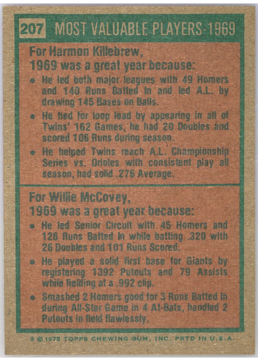1975 Topps #207 1969 MVPs card back